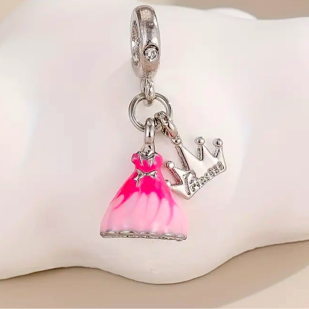925 sterling silver pink princess dress and crown charm NWT